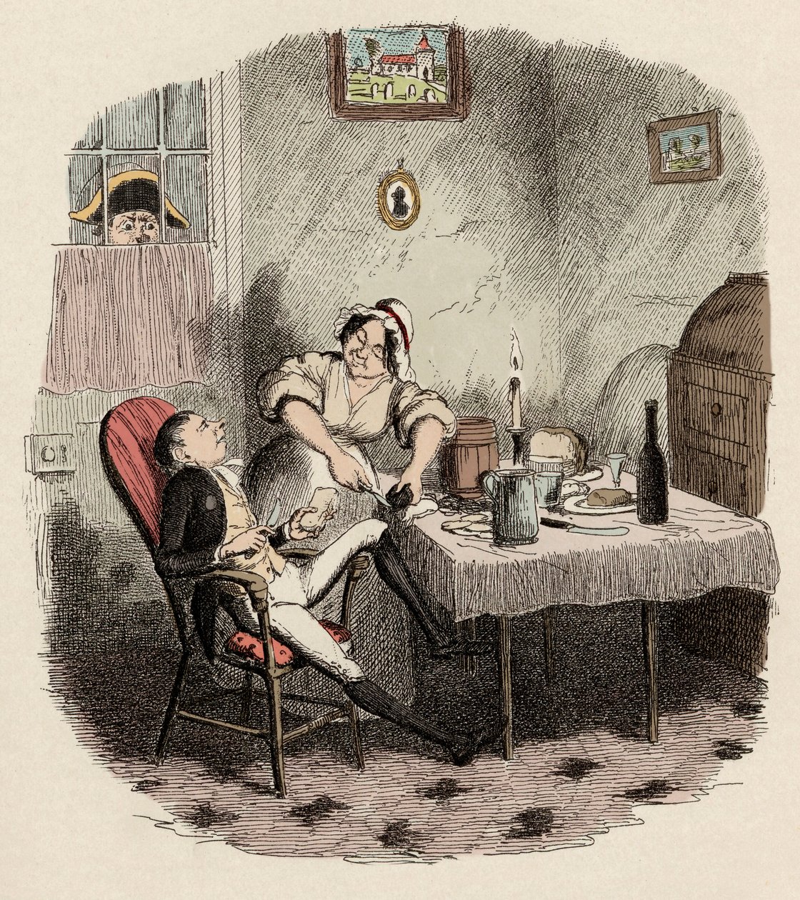 Monsieur Bumble tarkkailee Noe Claypolea ja Charlottea – herra Claypolea sellaisena kuin hän esiintyi, kun hänen isäntänsä oli poissa – Kuvitus "" Oliver Twist"" (Olivier) (Oliver Twistin seikkailut), kirjoittanut Charles Dickens (1812-1870), kirjoittanut  tekijältä George Cruikshank
