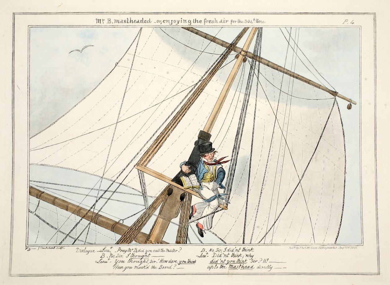 Mr. B. Mastheaded - tai nauttien raikkaasta ilmasta 304. kerran, teoksesta The Progress of a Midshipman, 1835 (käsinvärinen kaiverrus) tekijältä George Cruikshank