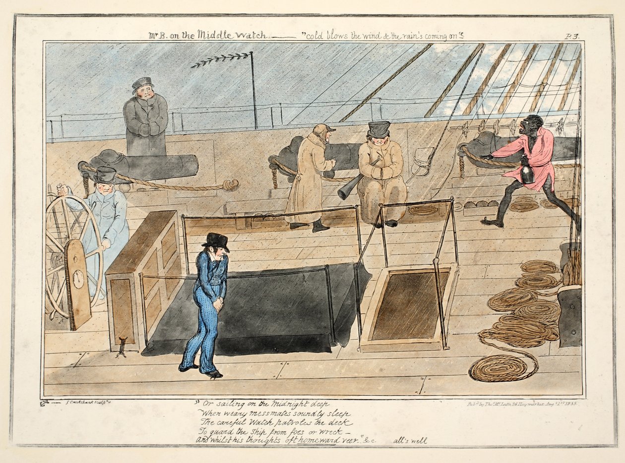 Herra B keskimmäisellä vahdilla - tuuli puhaltaa kylmää ja sateet tulevat, teoksesta The Progress of a Midshipman, julkaisu 1835 (käsin väritetty kaiverrus). tekijältä George Cruikshank