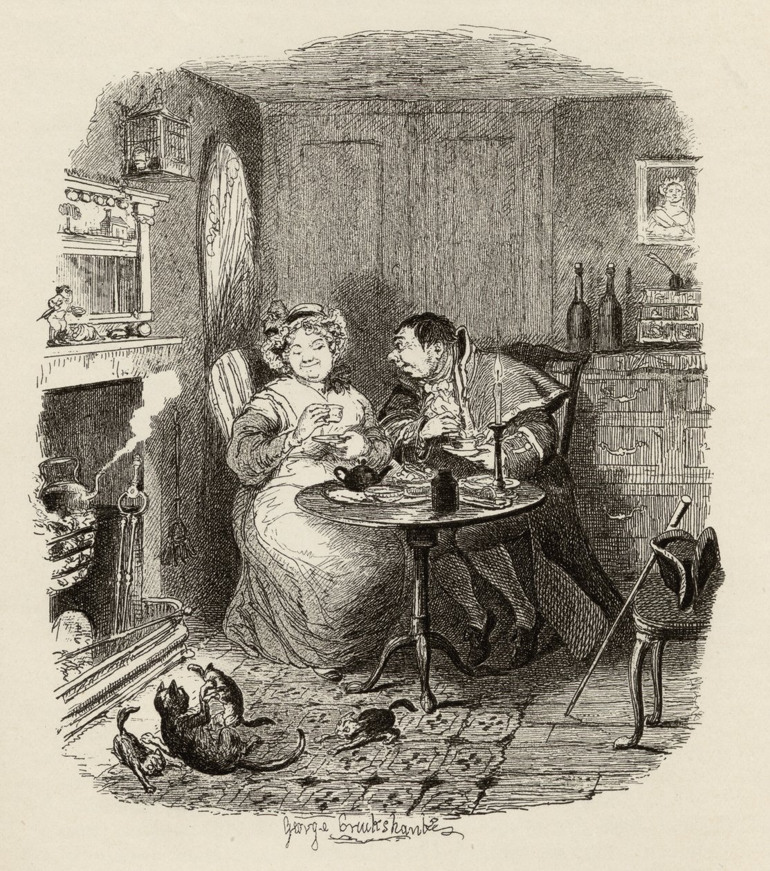 Herra Bumble ja rouva Corney juomassa teetä Charles Dickensin (1812-70) julkaisusta "Oliver Twistin seikkailut" 1838, julkaisija Chapman und Hall, 1901 tekijältä George Cruikshank