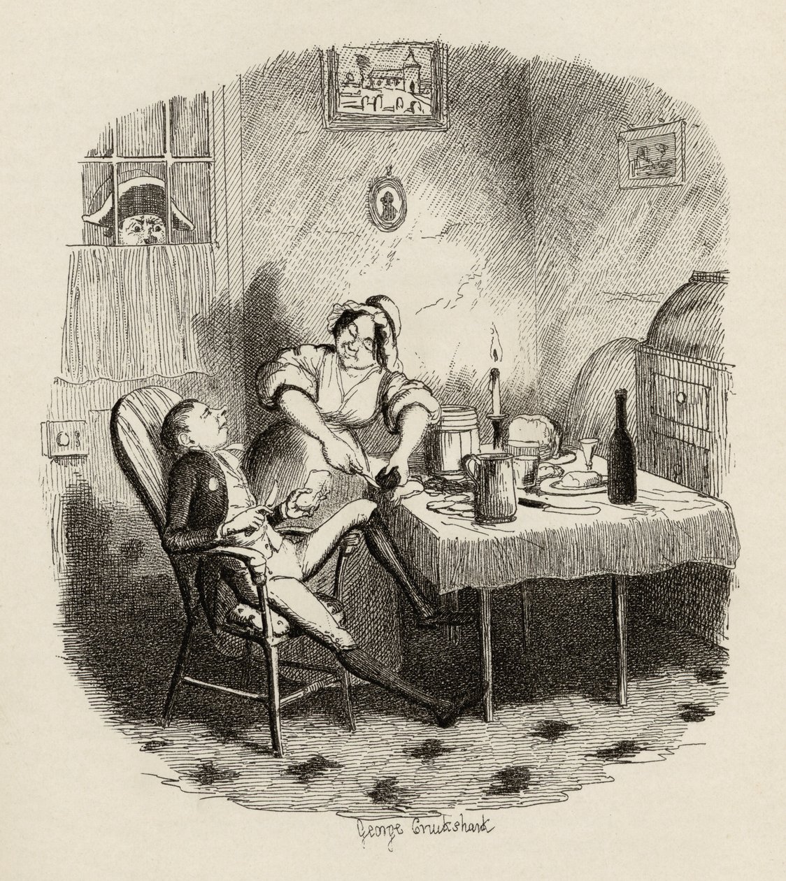Mr Claypole sellaisena kuin hän esiintyi, kun hänen isäntänsä oli ulkona, Charles Dickensin (1812-70) "Oliver Twistin seikkailuista" 1838, julkaisija Chapman und Hall, 1901 tekijältä George Cruikshank
