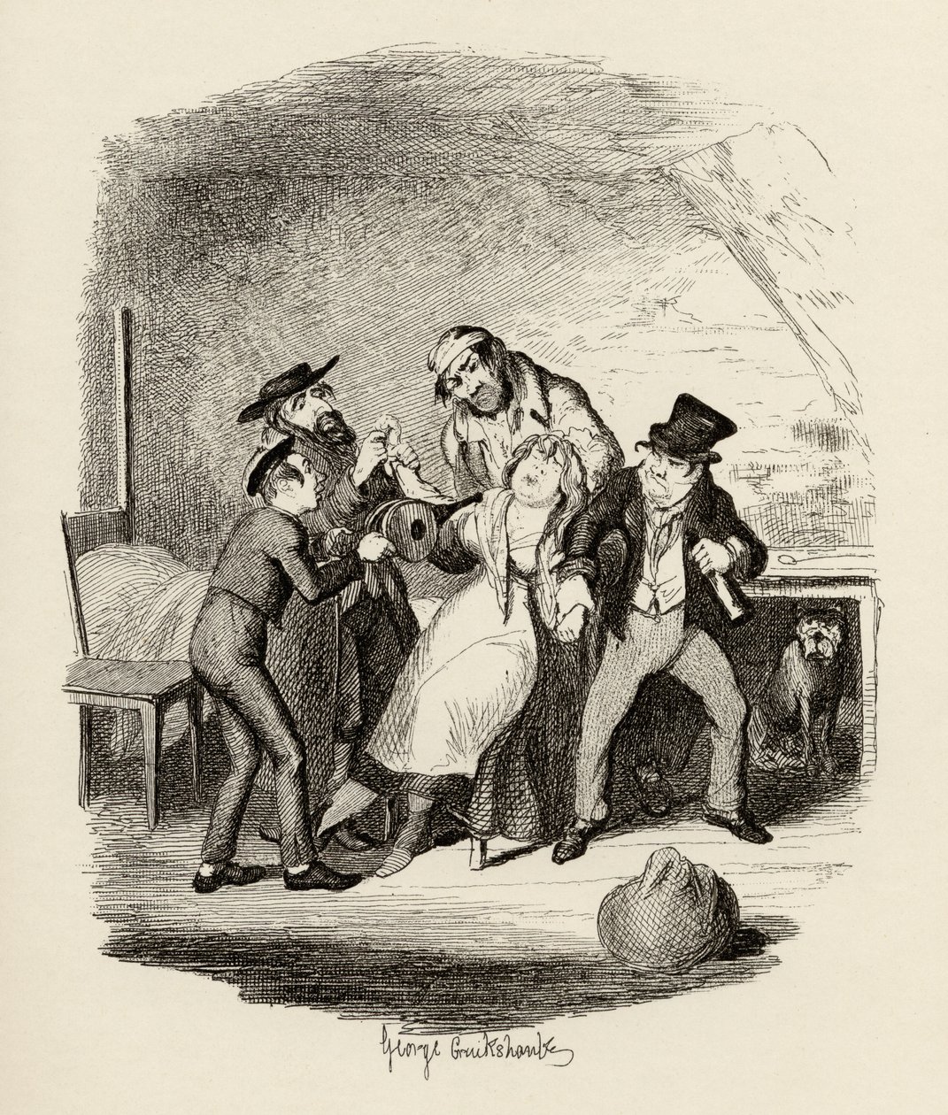 Fagin ja hänen oppilaansa toipumassa Nancysta Charles Dickensin (1812-70) 1838:n "Oliver Twistin seikkailuista", julkaisija Chapman und Hall, 1901 tekijältä George Cruikshank