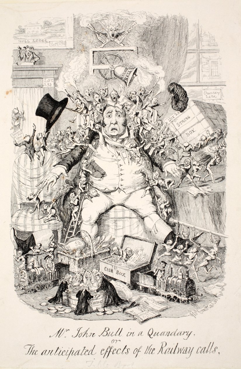 Herra John Bull pulassa tai rautatiepuhelujen ennakoidut vaikutukset, pub. 1845 tekijältä George Cruikshank