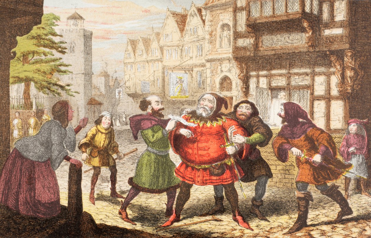 Rouva Quickly on pidättänyt Sir John Falstaffin Lontoossa 1890 julkaistun The Illustrated Library Shakespearen Henry IV:n osassa 2 tekijältä George Cruikshank
