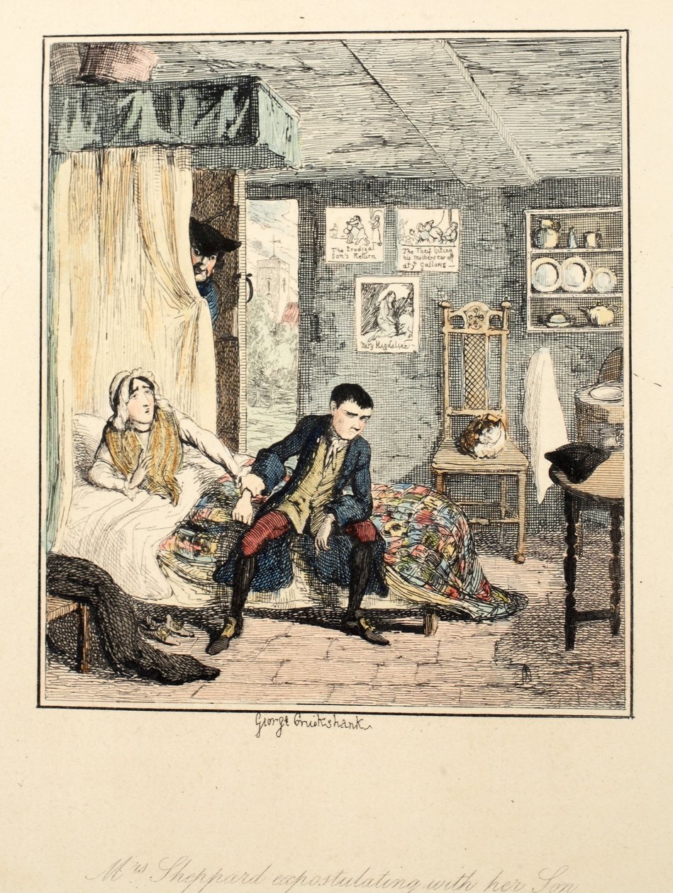 Rouva Sheppard väittelee poikansa kanssa, kuvitus Jack Sheppardista: William Harrison Ainsworthin romanssi, julkaistu 1839 (käsinvärinen etsaus) tekijältä George Cruikshank
