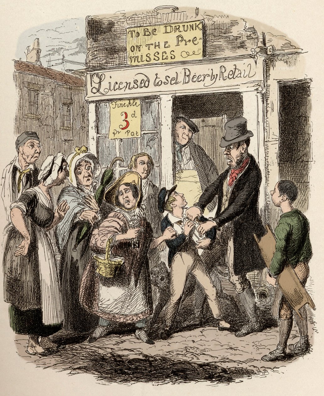 Nancy ja Sikes kidnappaavat Oliverin kaduilla - Oliver väittää hänen kiintyneiden ystäviensä mukaan - Kuvitus "" Oliver Twist"" (Olivier) (Oliver Twistin seikkailut), Charles Dickens (1812-1870), George Cruikshank (1792-1878) ) . tekijältä George Cruikshank