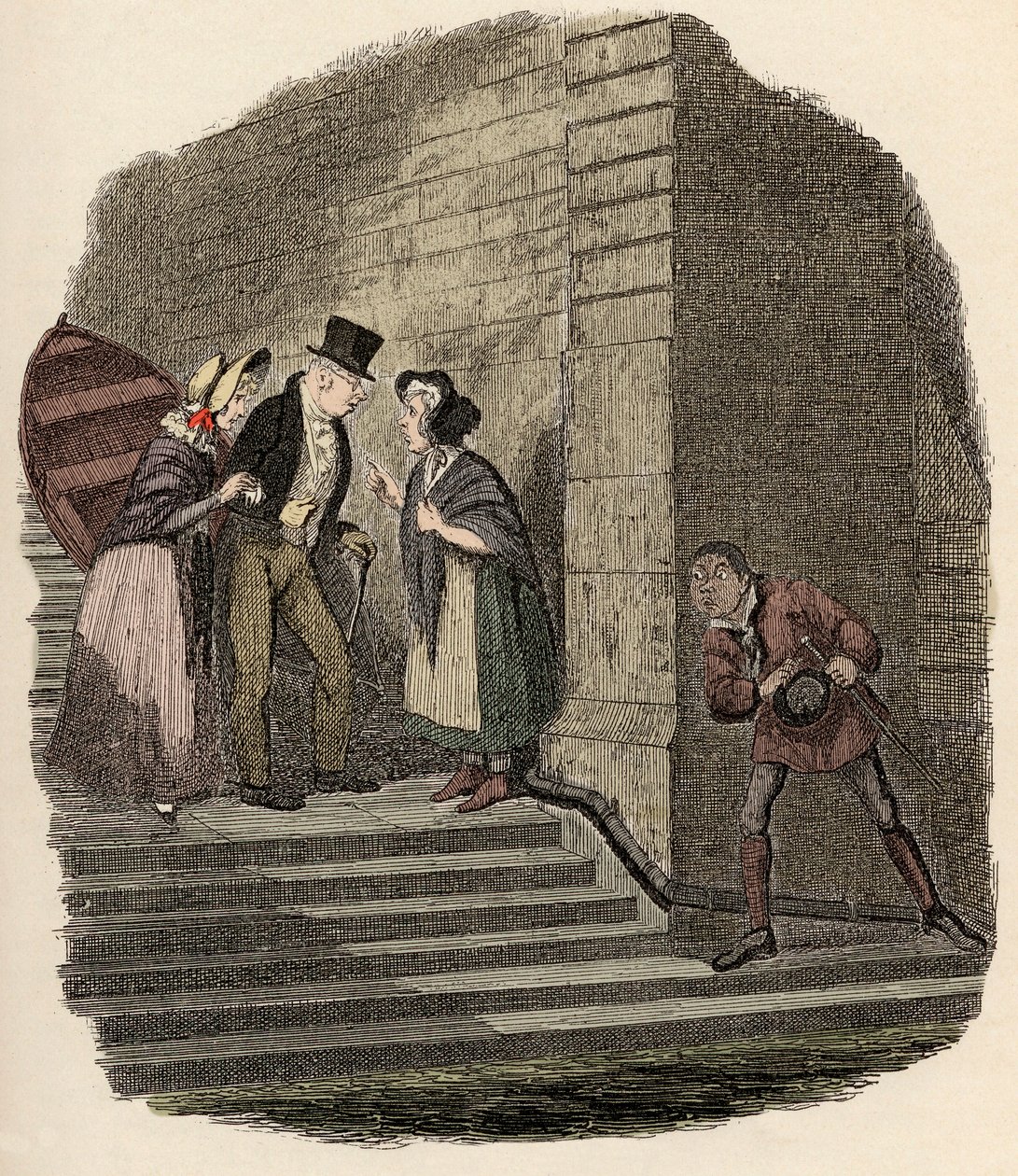 Noe Claypole vakoilee Mr. Brownlowin, Rose Maylien ja Nancyn välistä salaista tapaamista - Tapaaminen - Kuvitus "" Oliver Twist"" (Olivier) (Oliver Twistin seikkailut), kirjoittanut Charles Dickens (1812-1870), kirjoittanut George Cruikshank (1792-1878). tekijältä George Cruikshank