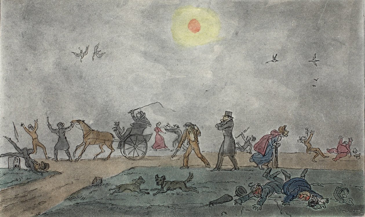 Marraskuu - (Vanha tyyli) - Leiju sumun ja likaisen ilman läpi, pubi. 1835 (käsinvärinen kaiverrus) tekijältä George Cruikshank