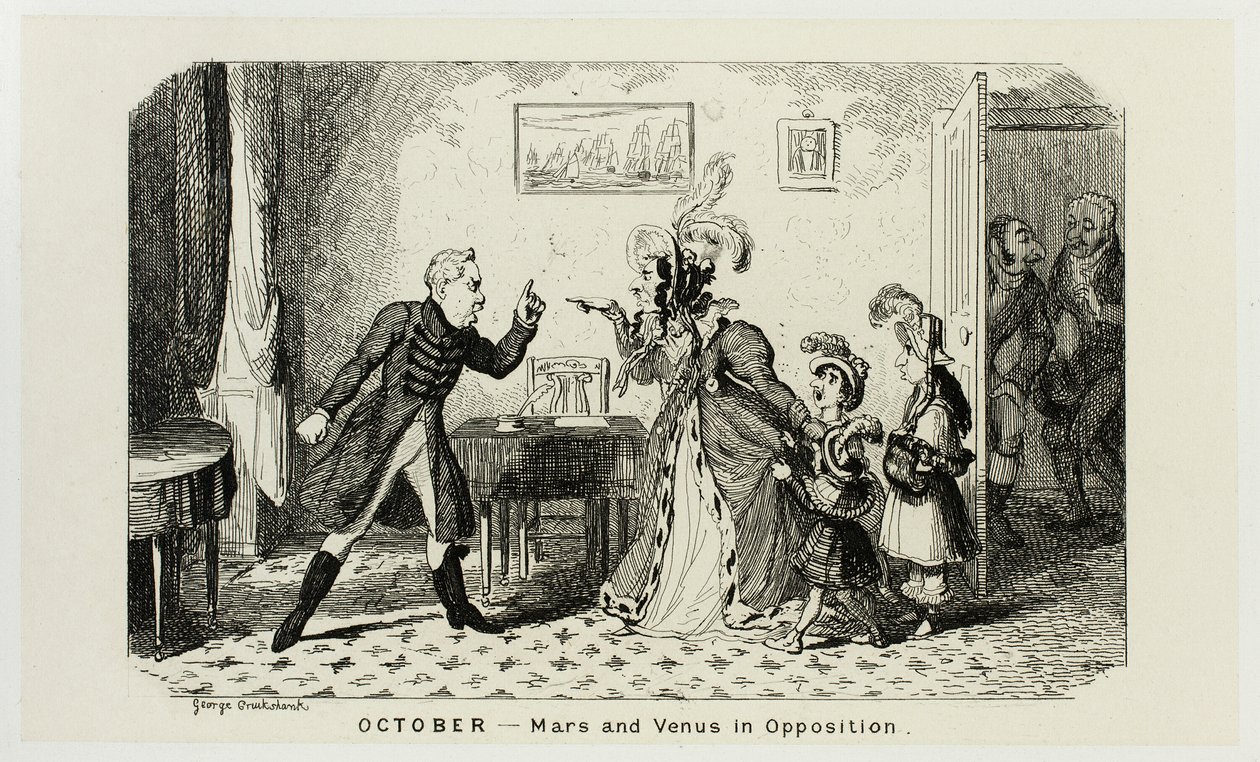 Lokakuu - Mars ja Venus oppositiossa George Cruikshankin The Comic Almanacks -lehden teräsveistoksista: 1835-1853 tekijältä George Cruikshank