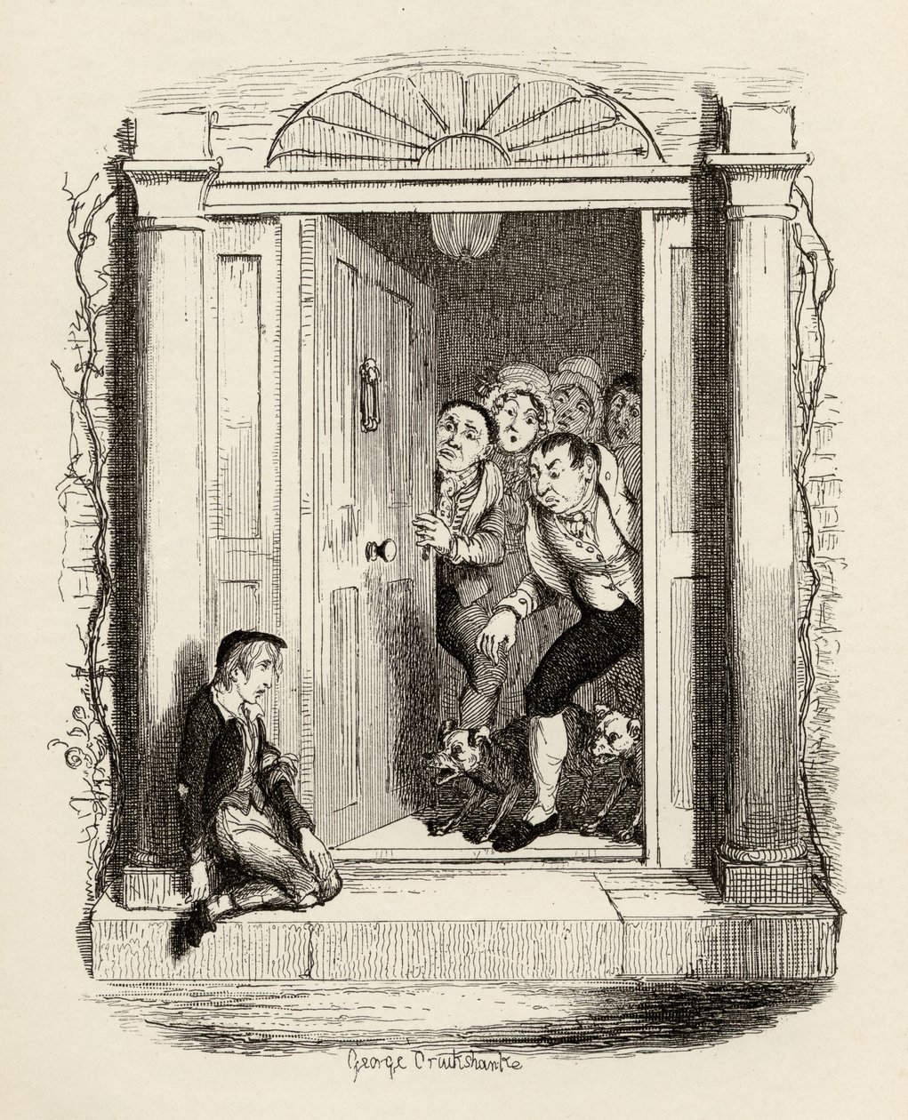 Oliver Twist rouva Maylien ovella, Charles Dickensin (1812-70) teoksesta Oliver Twistin seikkailut 1838, Chapman und Hall, 1901 tekijältä George Cruikshank