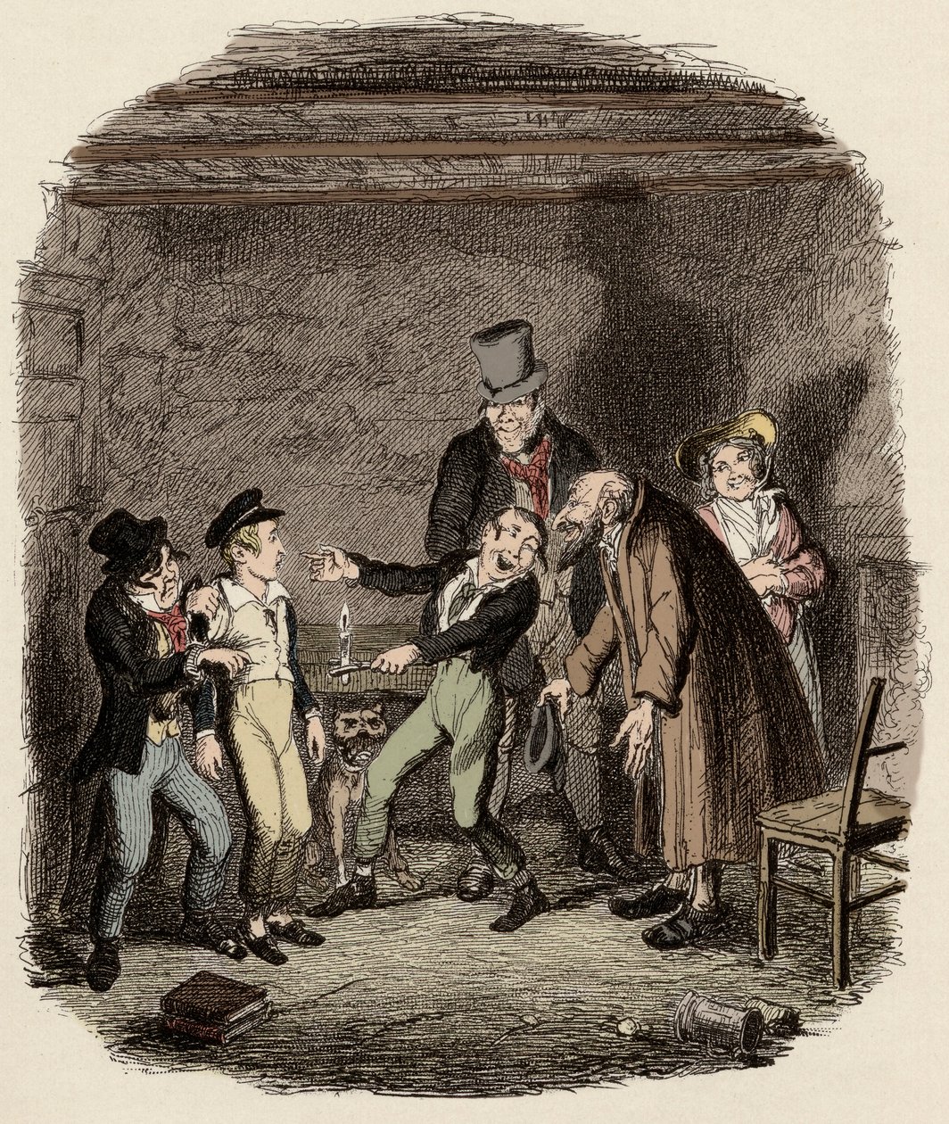 Oliver Twistin vastaanotti vanha Fagin ja hänen tiiminsä - Oliverin vastaanotto Faginilta ja pojilta - Kuvitus "" Oliver Twist"" (Olivier) (Oliver Twistin seikkailut), Charles Dickens (1812-1870), George Cruikshank (1792) -1878). tekijältä George Cruikshank