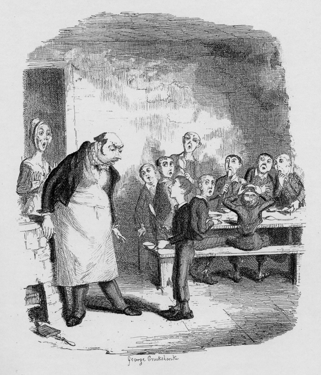 Oliver pyytää lisää, Charles Dickensin (1812-70) kirjasta "Oliver Twistin seikkailut" 1838, julkaisija Chapman und Hall, 1901 tekijältä George Cruikshank