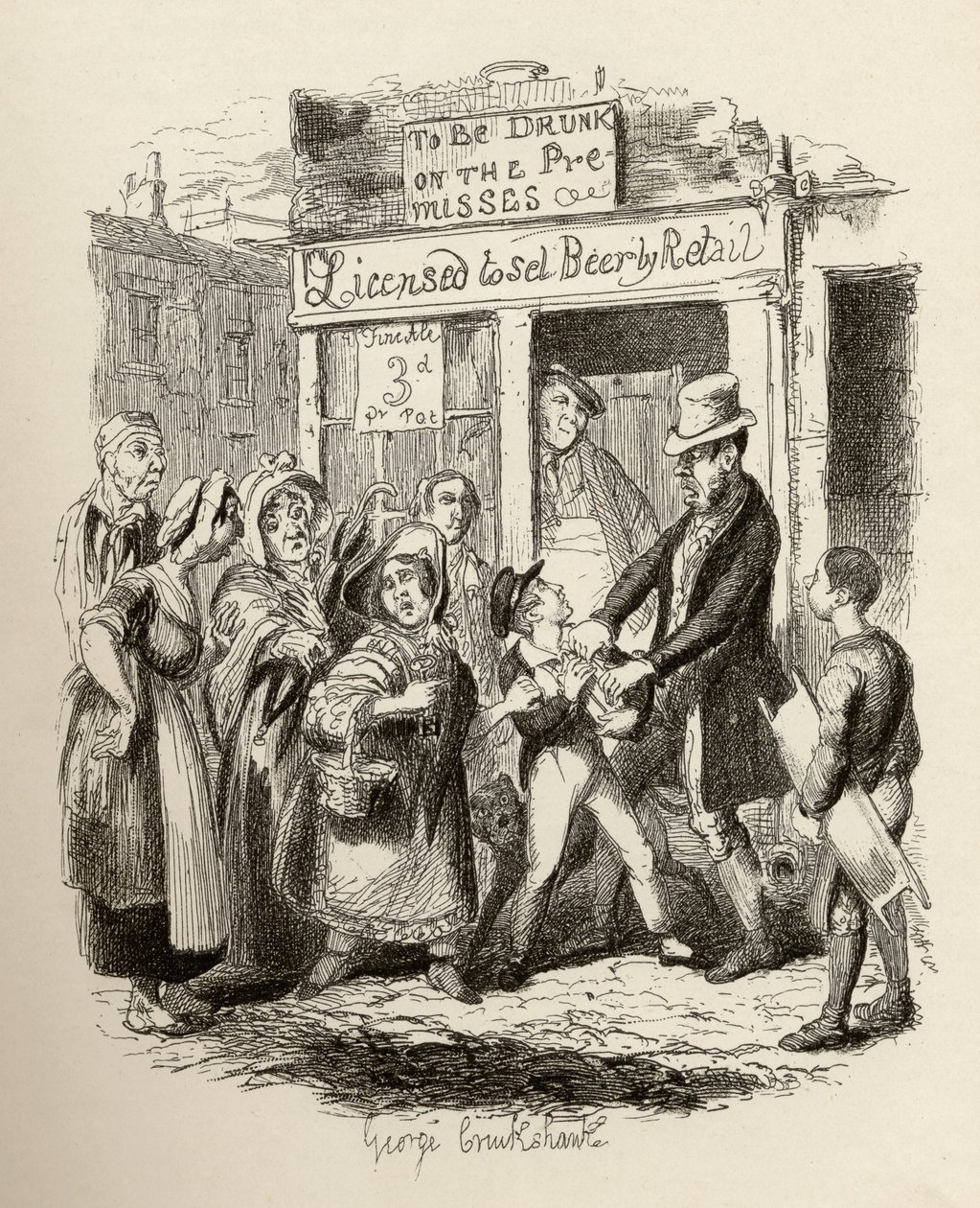 Oliver väittää hänen rakastavien ystäviensä mukaan Charles Dickensin (1812-70) julkaisusta Oliver Twistin seikkailut 1838, Chapman und Hall, 1901 tekijältä George Cruikshank