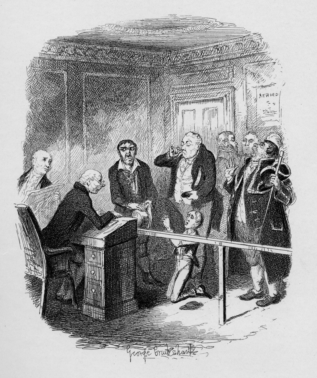 Oliver pakenee olemasta sidottu siivoojan oppipoikaksi Charles Dickensin (1812-70) 1838:n "Oliver Twistin seikkailuista", jonka julkaisija Chapman und Hall, 1901 tekijältä George Cruikshank
