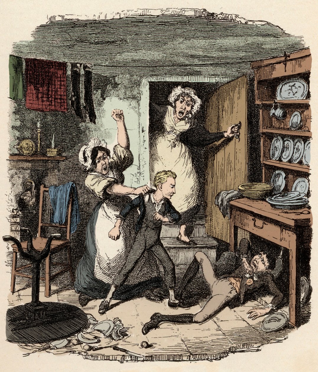 Oliver nostaa hengen - Illustration pour ""Oliver Twist"" (Olivier) (Oliver Twistin seikkailut), Charles Dickens (1812-1870), par George Cruikshank (1792-1878) tekijältä George Cruikshank