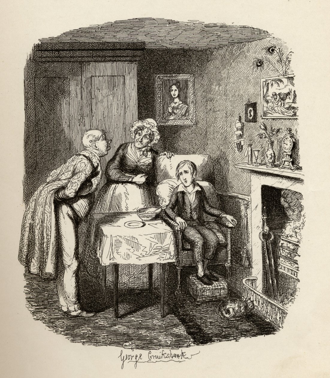 Oliver toipumassa kuumeesta, Charles Dickensin (1812-70) julkaisusta "Oliver Twistin seikkailut" 1838, julkaisija Chapman und Hall, 1901 tekijältä George Cruikshank