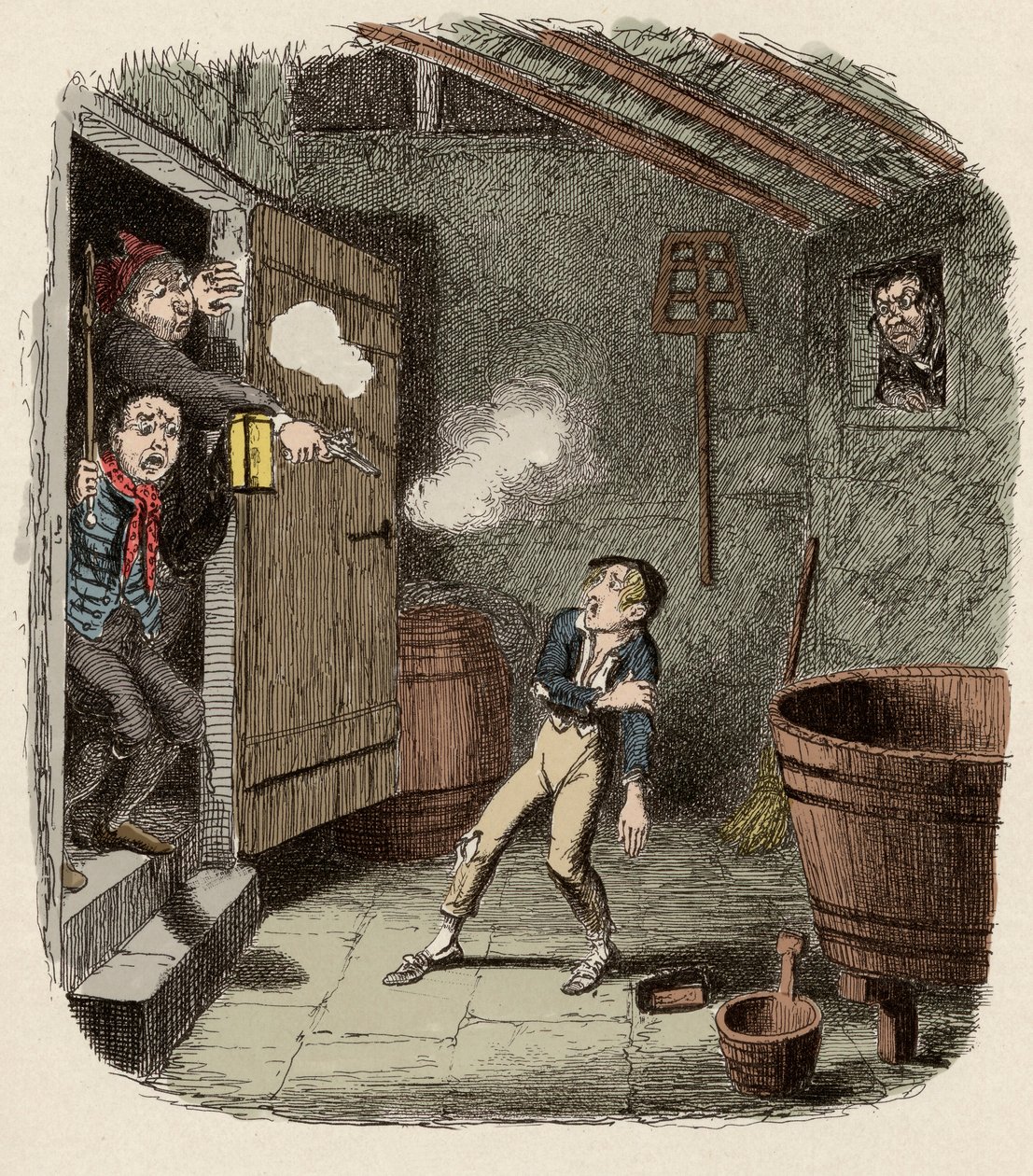 Oliver yllättyi ja haavoittui murtoyrityksen aikana - Murto - Kuvitus "" Oliver Twist"" (Olivier) (Oliver Twistin seikkailut) Charles Dickens (1812-1870), George Cruikshank (1792-1878). tekijältä George Cruikshank