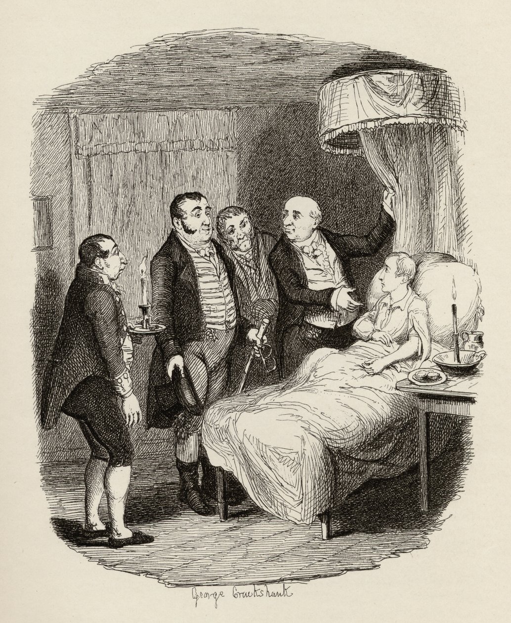 Oliveria odotti Bow Street Runners, Charles Dickensin (1812-70) teoksesta The Adventures of Oliver Twist 1838, Chapman und Hall, 1901 tekijältä George Cruikshank