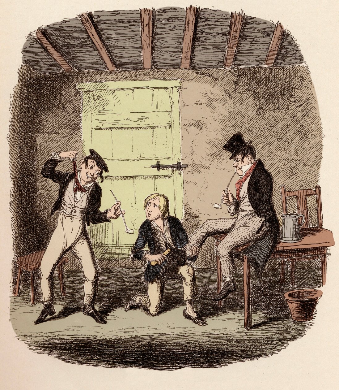 Oliver vahaa ketun kengät, kun taas Charley Bates selittää roikkumisen vaaroja - Mestari Bates selittää ammattitaidon - Kuvitus "Oliver Twist" (Olivier) (Oliver Twistin seikkailut), kirjoittanut Charles Dickens (1812-1870), kirjoittanut George Crui tekijältä George Cruikshank