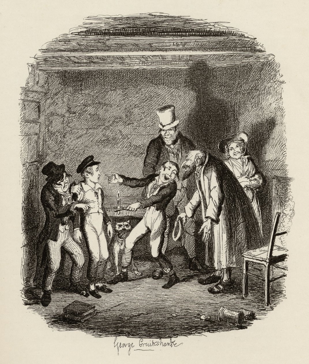Oliverin vastaanotto Faginilta ja pojilta, Charles Dickensin (1812-70) "Oliver Twistin seikkailuista" 1838, julkaissut Chapman und Hall, 1901 tekijältä George Cruikshank