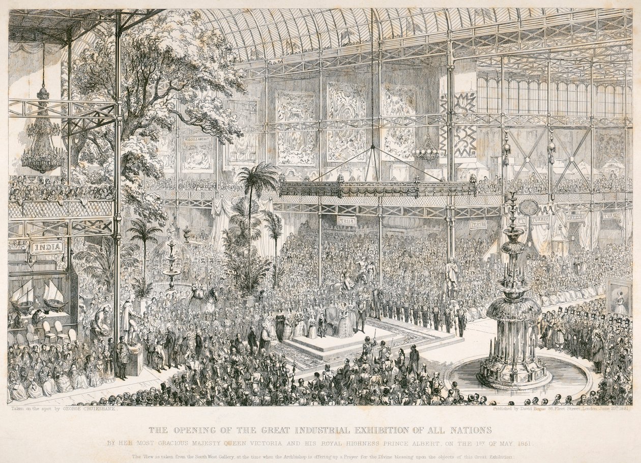 Suuren näyttelyn avajaiset, Crystal Palace, Hyde Park, Lontoo, 1851 tekijältä George Cruikshank