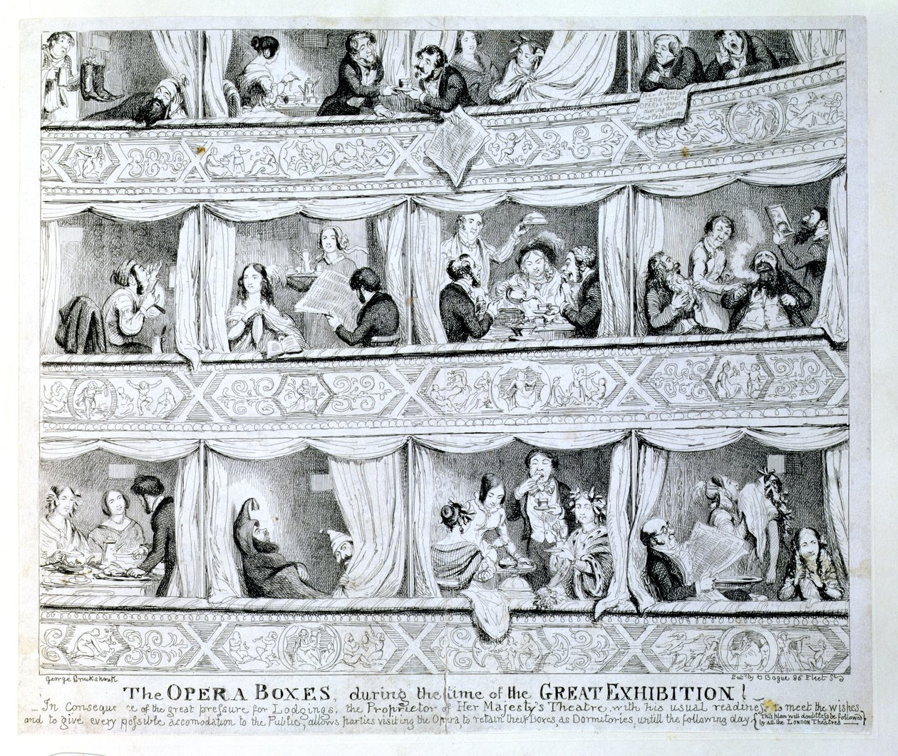 Oopperalaatikot suuren näyttelyn aikana, n. 1851 tekijältä George Cruikshank