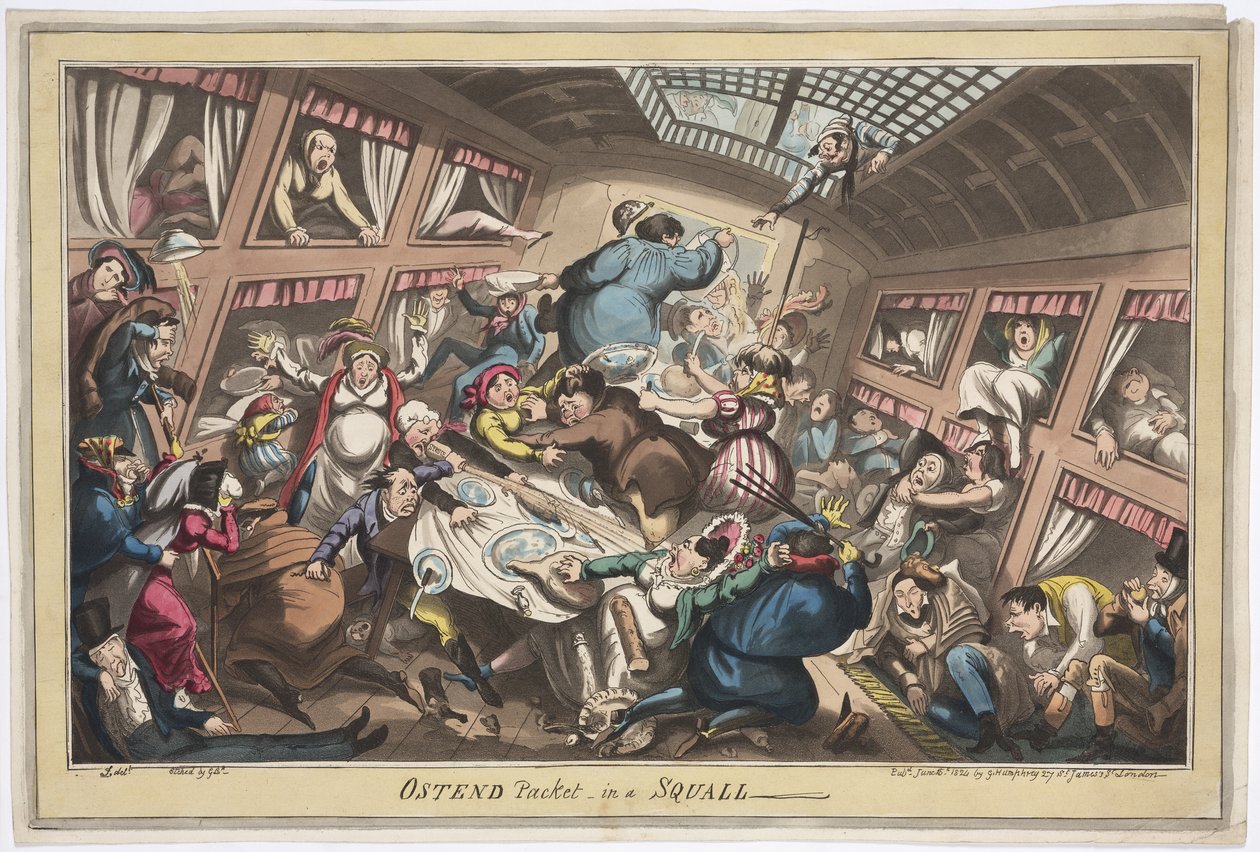 Ostend Packet in a Squall, 1824 (värillinen akvatinta) tekijältä George Cruikshank
