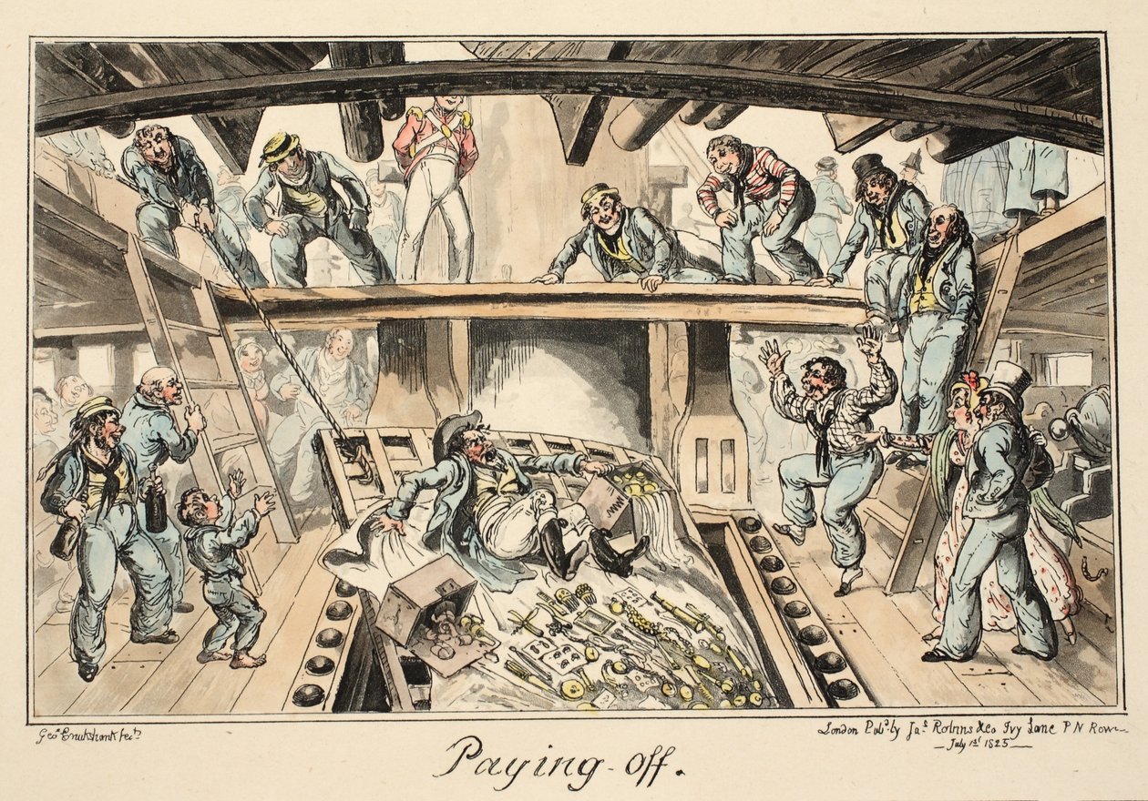 Paying Off, Greenwichin sairaalasta, sarja merivoimien luonnoksia, jotka kuvaavat sotamiehen elämää, pub. 1826 (käsin väritetty kaiverrus). tekijältä George Cruikshank
