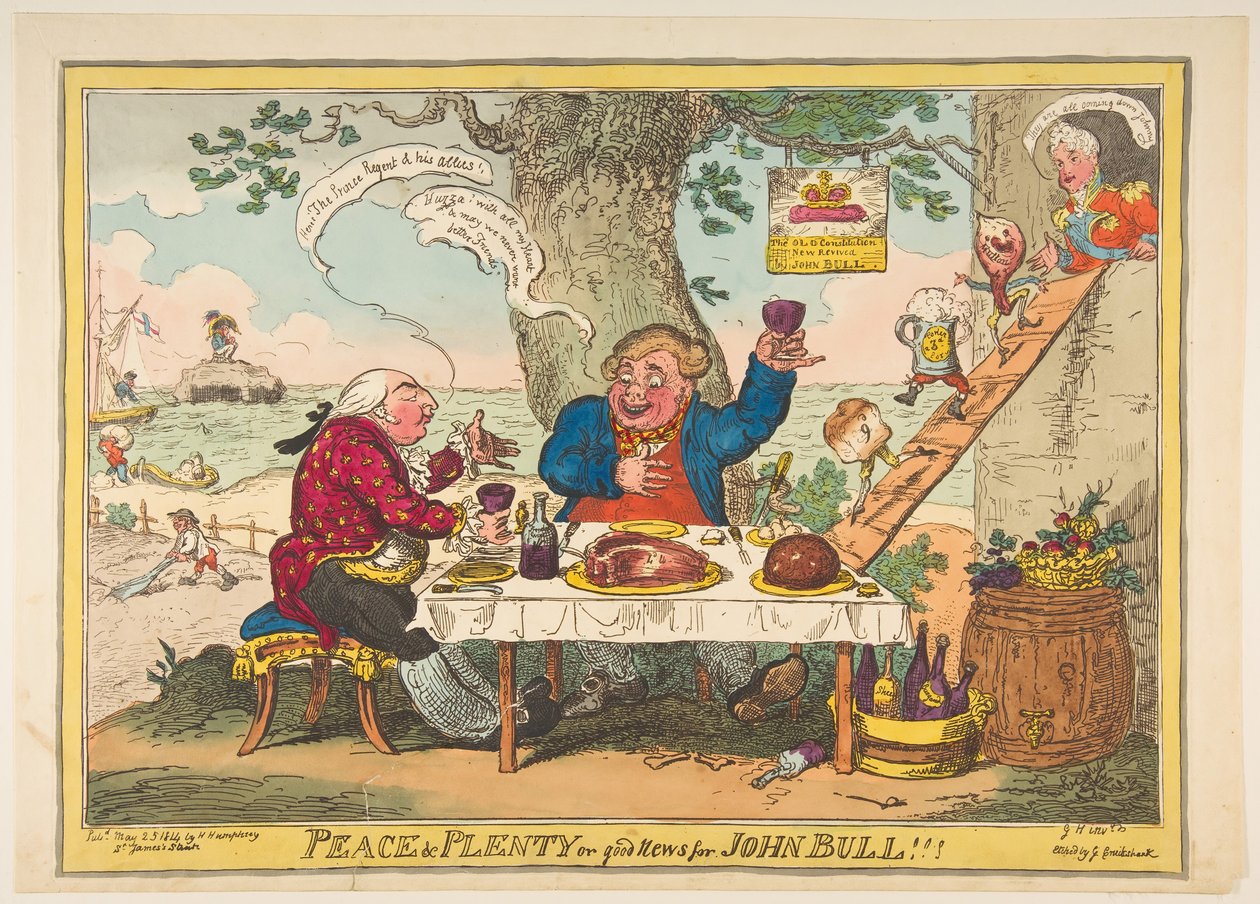 Rauhaa ja runsaasti tai hyviä uutisia John Bullille!!!, 25. toukokuuta 1814. tekijältä George Cruikshank