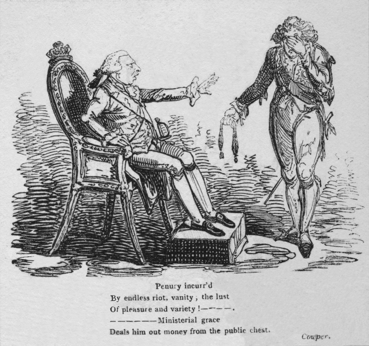 Loputtoman mellakan, turhamaisuuden, nautinnon ja vaihtelun himon aiheuttama köyhyys!, c1820 tekijältä George Cruikshank