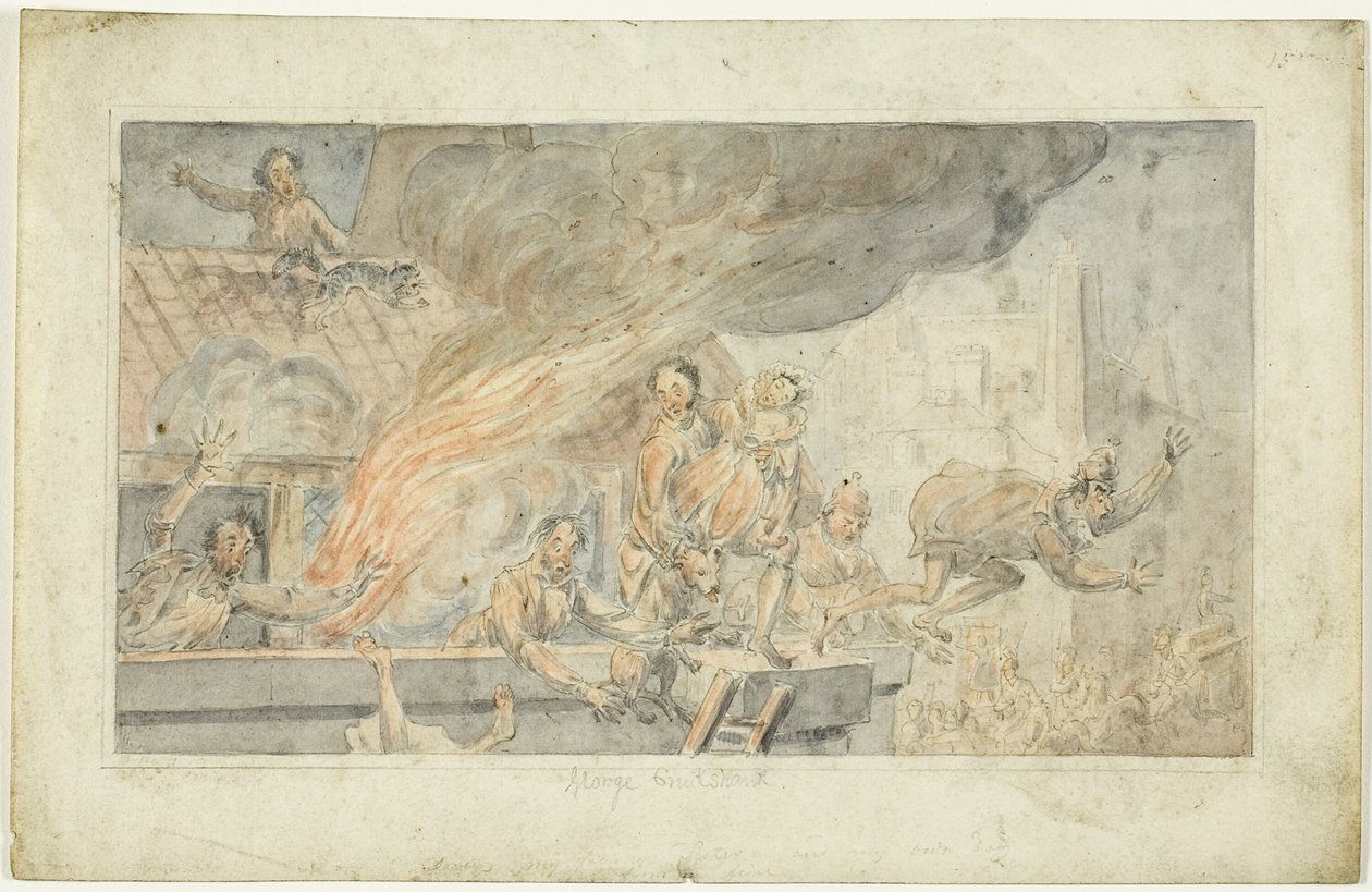 Ihmiset pakenevat palavasta rakennuksesta tekijältä George Cruikshank