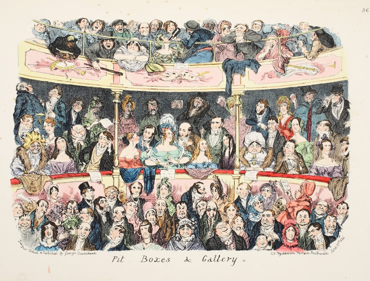 Pit Boxes and Gallery, pub. 1836 (käsinvärinen kaiverrus) tekijältä George Cruikshank