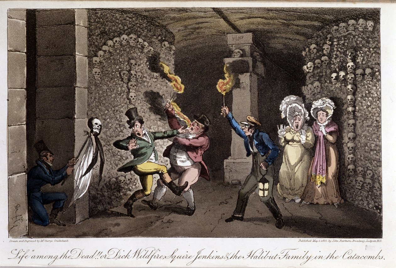 Promenade dans les katacombes - David Careyn "" Elämä Pariisissa" -kirjassa, ill. kirjoittanut George Cruikshank, toim. Fairburn, Lontoo tekijältä George Cruikshank