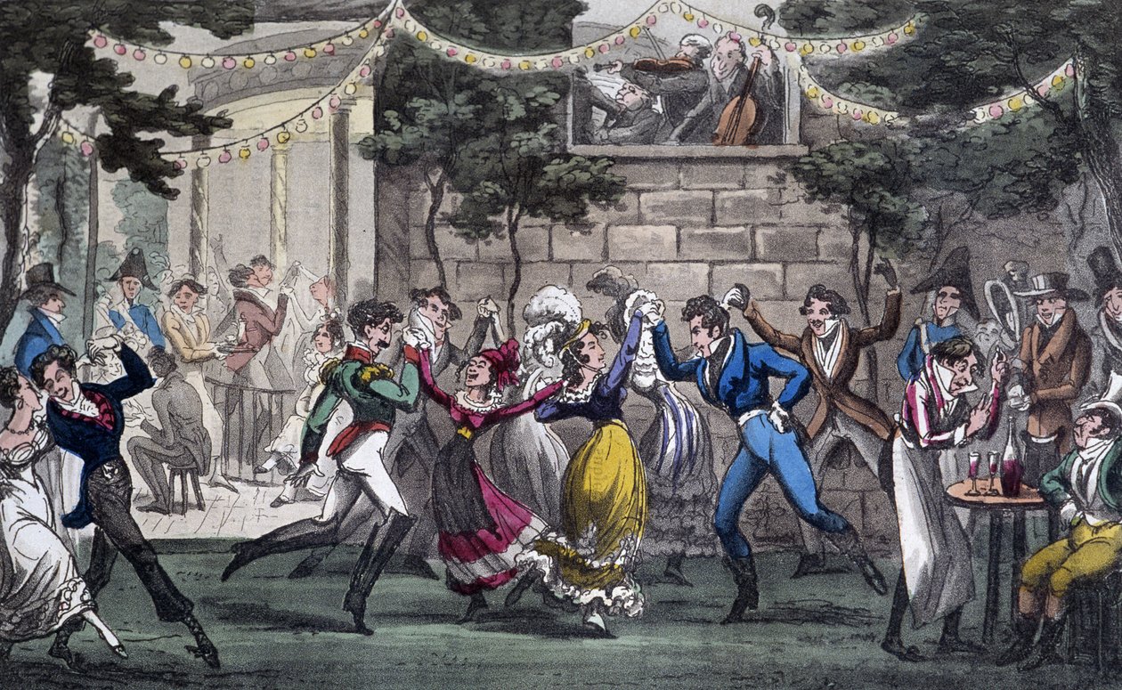 Quadrille Salon de Marsissa, Champs Elyséellä - David Careyn "" Life in Paris -kirjassa, Lontoo tekijältä George Cruikshank