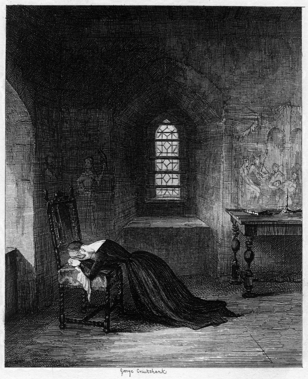 Kuningatar Jane vangittiin Brick Towerissa, Lontoon Towerissa, 1553-1554 1840. tekijältä George Cruikshank