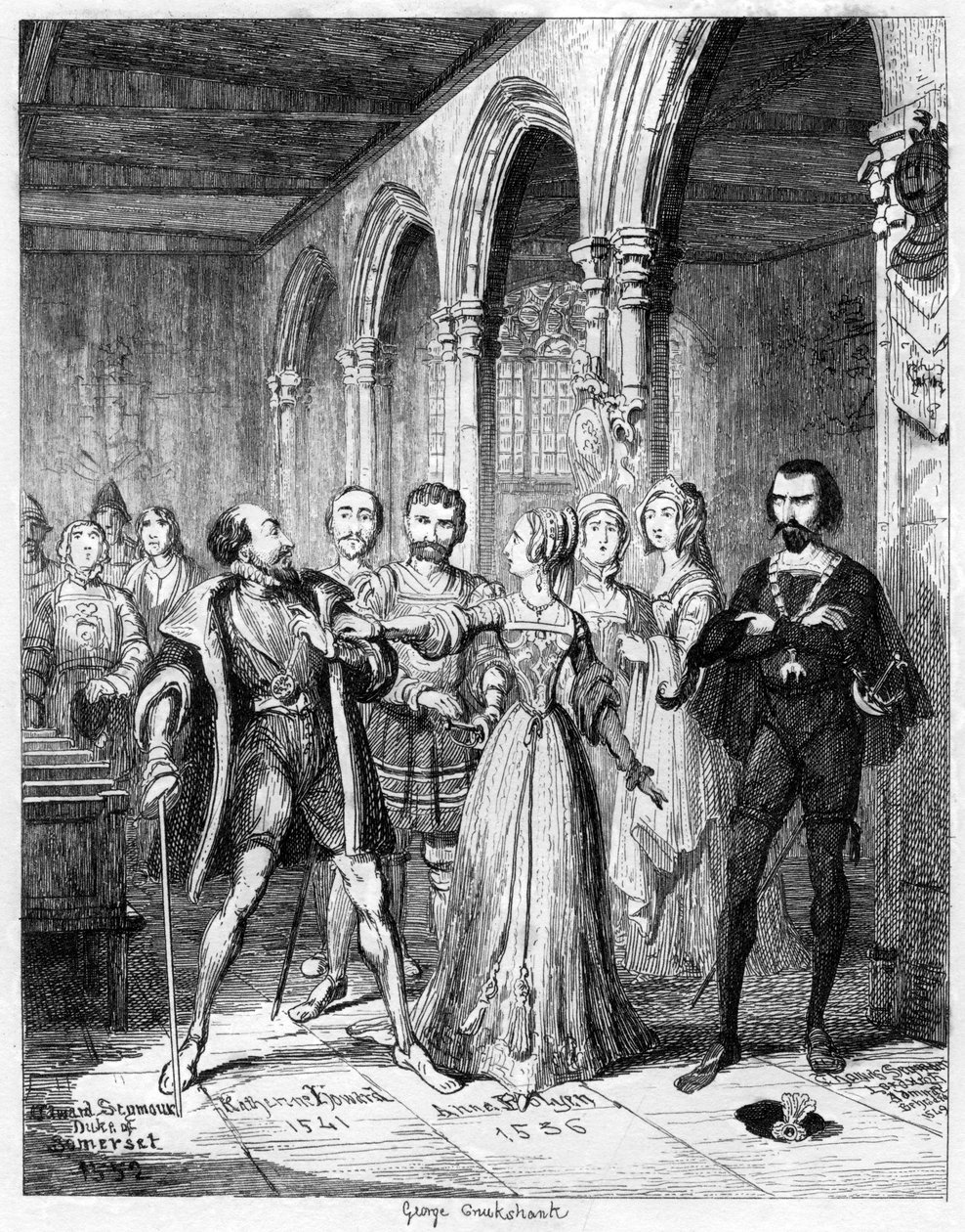 Kuningatar Jane välissä Northumberlandin ja Simon Renardin välillä, 1553 1840. tekijältä George Cruikshank