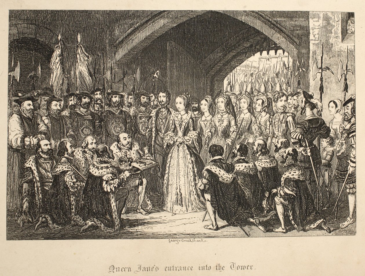 Queen Janesin sisäänkäynti Toweriin, Lontoon Towerista, pubi. 1840 tekijältä George Cruikshank