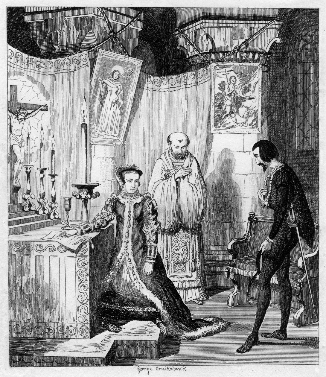 Kuningatar Maria, kun Simon Renard liittoutui espanjalaisen Philipin kanssa, 1840 tekijältä George Cruikshank