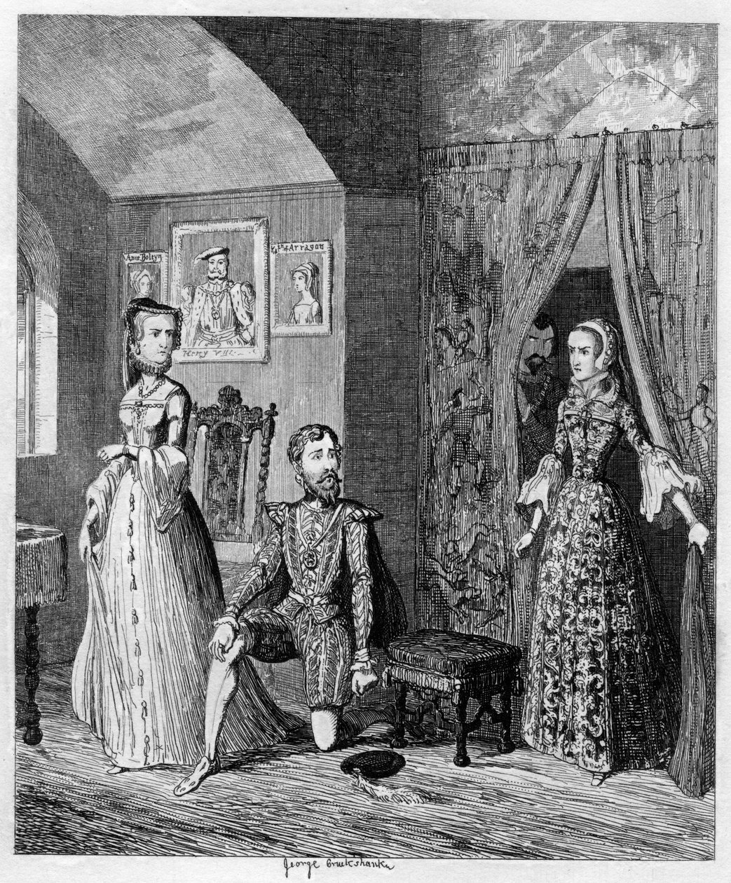 Kuningatar Mary yllätti Courtenayn ja prinsessa Elisabetin, 1553-1555 1840 tekijältä George Cruikshank