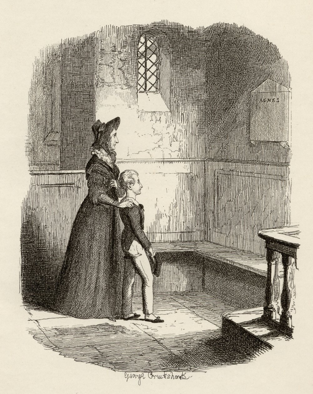 Rose Maylie ja Oliver, Charles Dickensin (1812-70) "Oliver Twistin seikkailuista" 1838, julkaisija Chapman und Hall, 1901 tekijältä George Cruikshank
