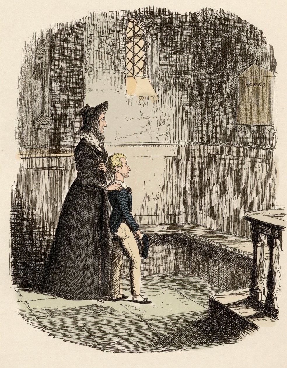 Rose Maylie ja Oliver Agnesin, heidän sisarensa ja äitinsä - Rose Maylien ja Oliverin - muistolaatan edessä - kuvitus Charles Dickensin (1812-1870) "" Oliver Twist"" (Olivier) (Oliver Twistin seikkailut) Kirjailija: George Cruikshank (179 tekijältä George Cruikshank