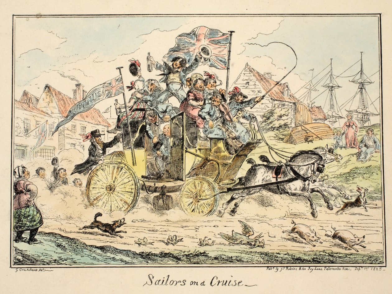 Merimiehet risteilyllä, Greenwich Hospital, sarja merivoimien luonnoksia, kuvaus sotamiehen elämästä, pubi. 1826 (käsinvärinen kaiverrus) tekijältä George Cruikshank