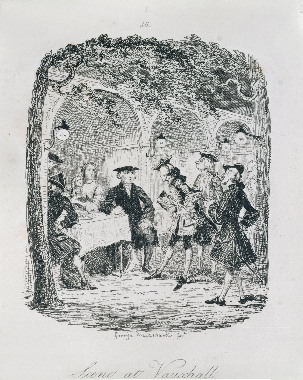 Kohtaus Vauxhallissa, "Amelia", taiteilijan kaiverrus, kuvitus teoksesta "The Works of Henry Fielding", pub. kirjoittanut Henry G. Bohn, 1853 tekijältä George Cruikshank