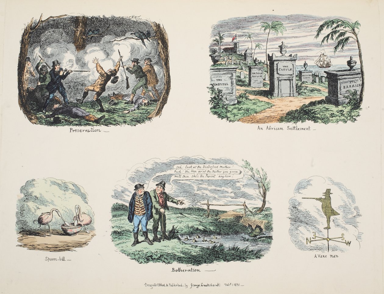Romut ja luonnokset: Säilytys, Afrikkalainen siirtokunta, Lusikkaseteli, Vaivaus, Vane Man, pubi. 1831 (käsinvärinen kaiverrus) tekijältä George Cruikshank