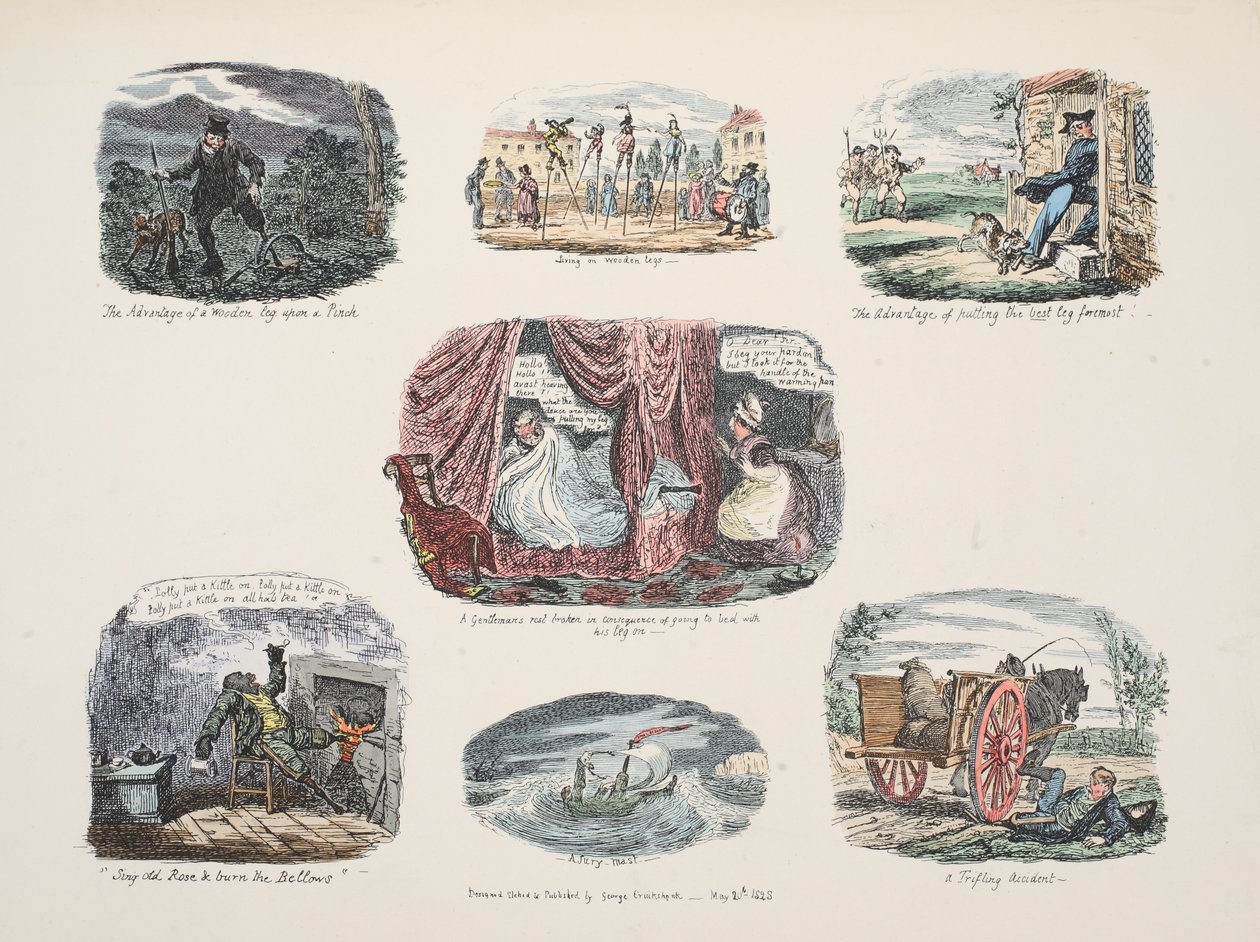 Kuvasarja puisen jalan omistamisen eduista ja puutteista, pub. 1828 (käsinvärinen kaiverrus) tekijältä George Cruikshank