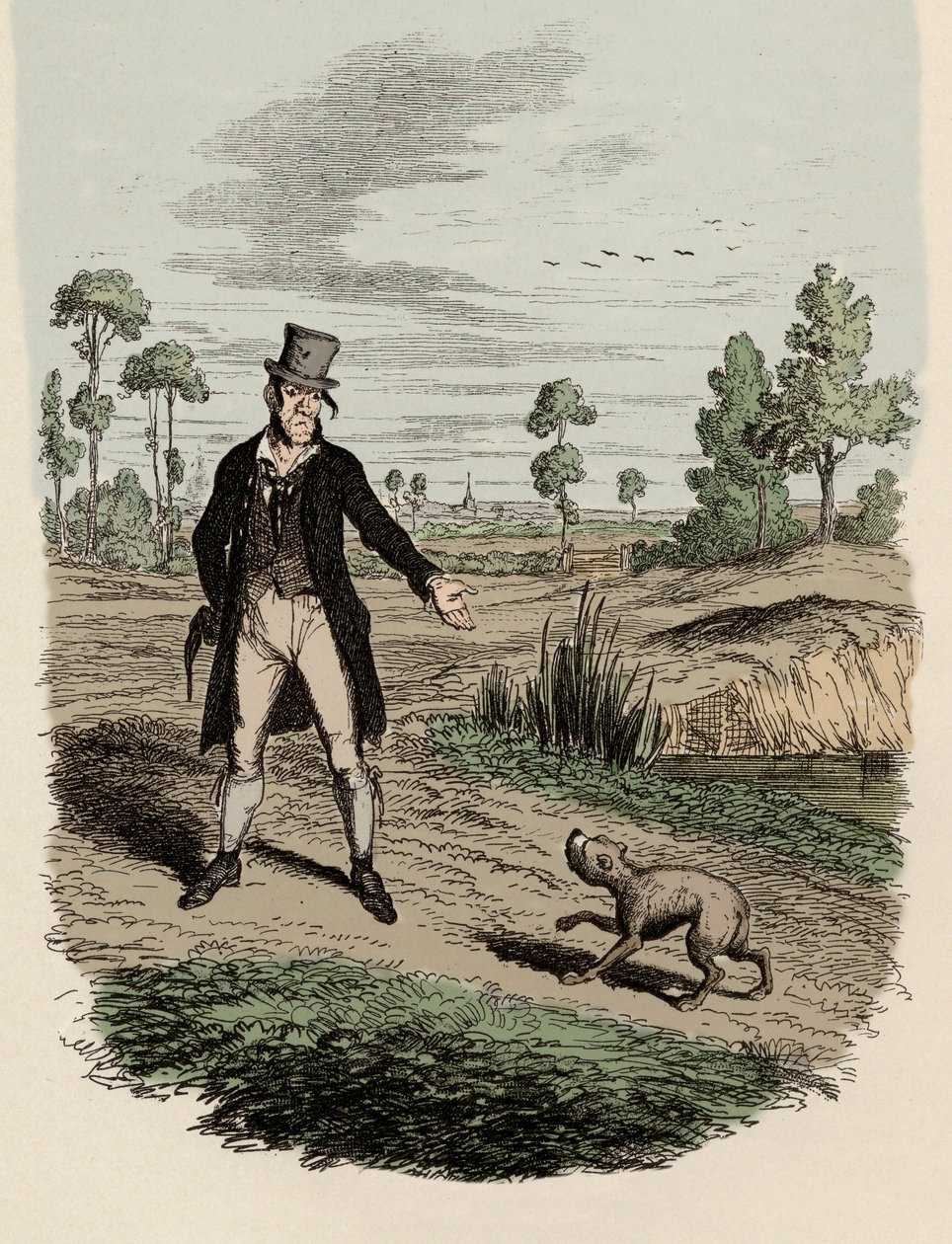 Sikes yrittää hylätä koiransa - kuvitus Charles Dickensin (1812-1870), George Cruikshankin (1792-1878) "Oliver Twistin seikkailuista". tekijältä George Cruikshank