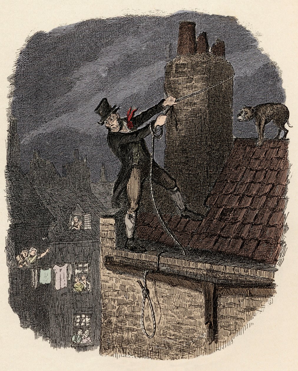 Sikes ja hänen koiransa yrittää paeta - Viimeinen mahdollisuus - Kuvitus "" Oliver Twist"" (Olivier) (Oliver Twistin seikkailut), Charles Dickens (1812-1870), George Cruikshank (1792-1878) . tekijältä George Cruikshank