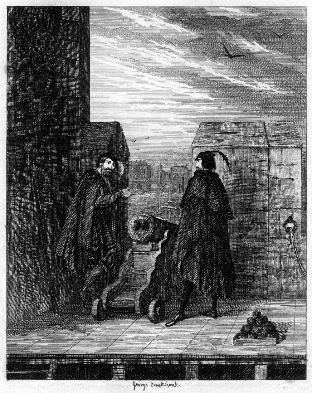 Simon Renard ja Winwike vartija Valkoisen tornin katolla, 1553 1840. tekijältä George Cruikshank