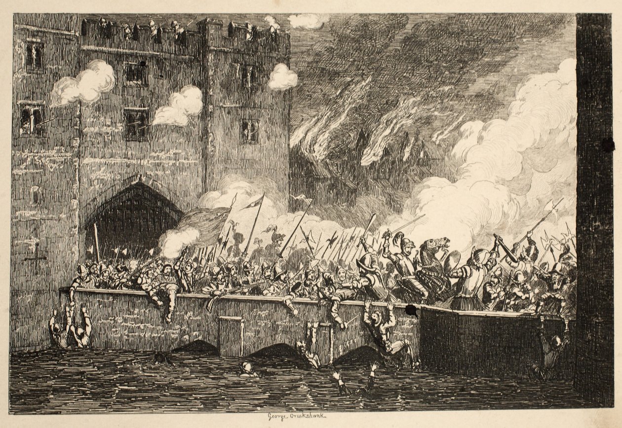 Sir Thomas Wyatt hyökkää By Ward Toweriin The Tower of London -pubista. 1840 tekijältä George Cruikshank