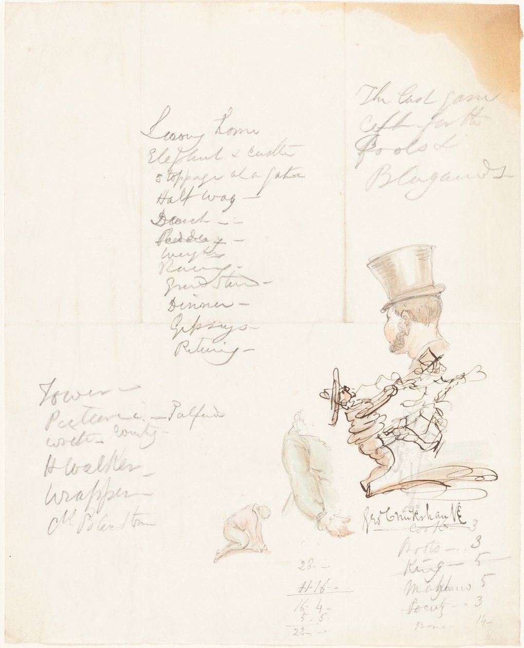 Luonnokset pää-, käsi- ja polvistushahmosta tekijältä George Cruikshank